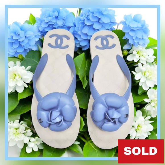 🆕 CHANEL Camellia Flower Thong Slip On CC Logo • Blue & Ivory • 37 EU - Picture 1 of 11